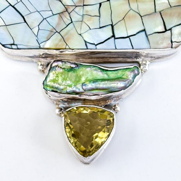 Vintage Sterling Silver 925 8cm Fractured Design Abalone Pearl Peridot Pendant - Picture 5 of 8